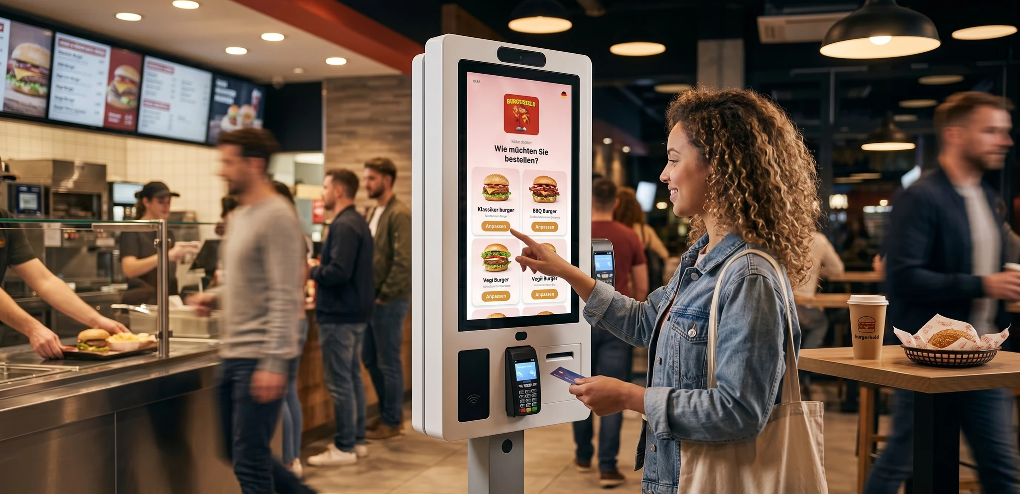 Gästin bestellt und bezahlt selbst am Self-Order-Terminal im Schnellrestaurant