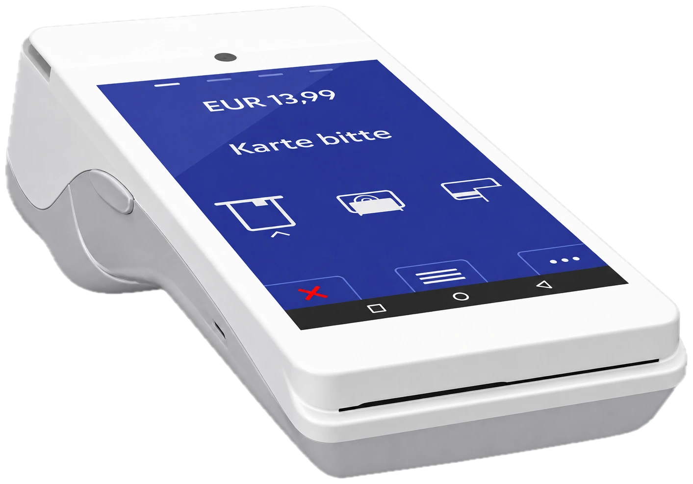 Weißes Kartenterminal zeigt 13,99 Euro und die Aufforderung, die Karte aufzulegen