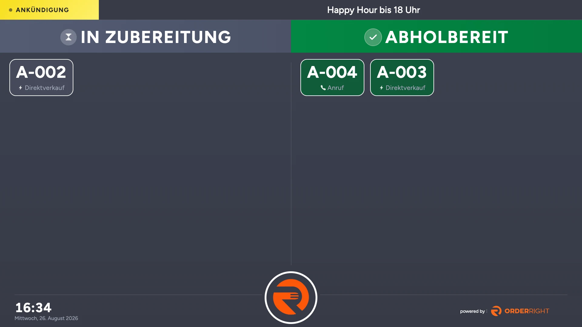 Abholbildschirm mit den Spalten „In Zubereitung“ und „Abholbereit“, darin die Bestellnummern A-002, A-003 und A-004 mit Hinweis auf Direktverkauf oder Anruf