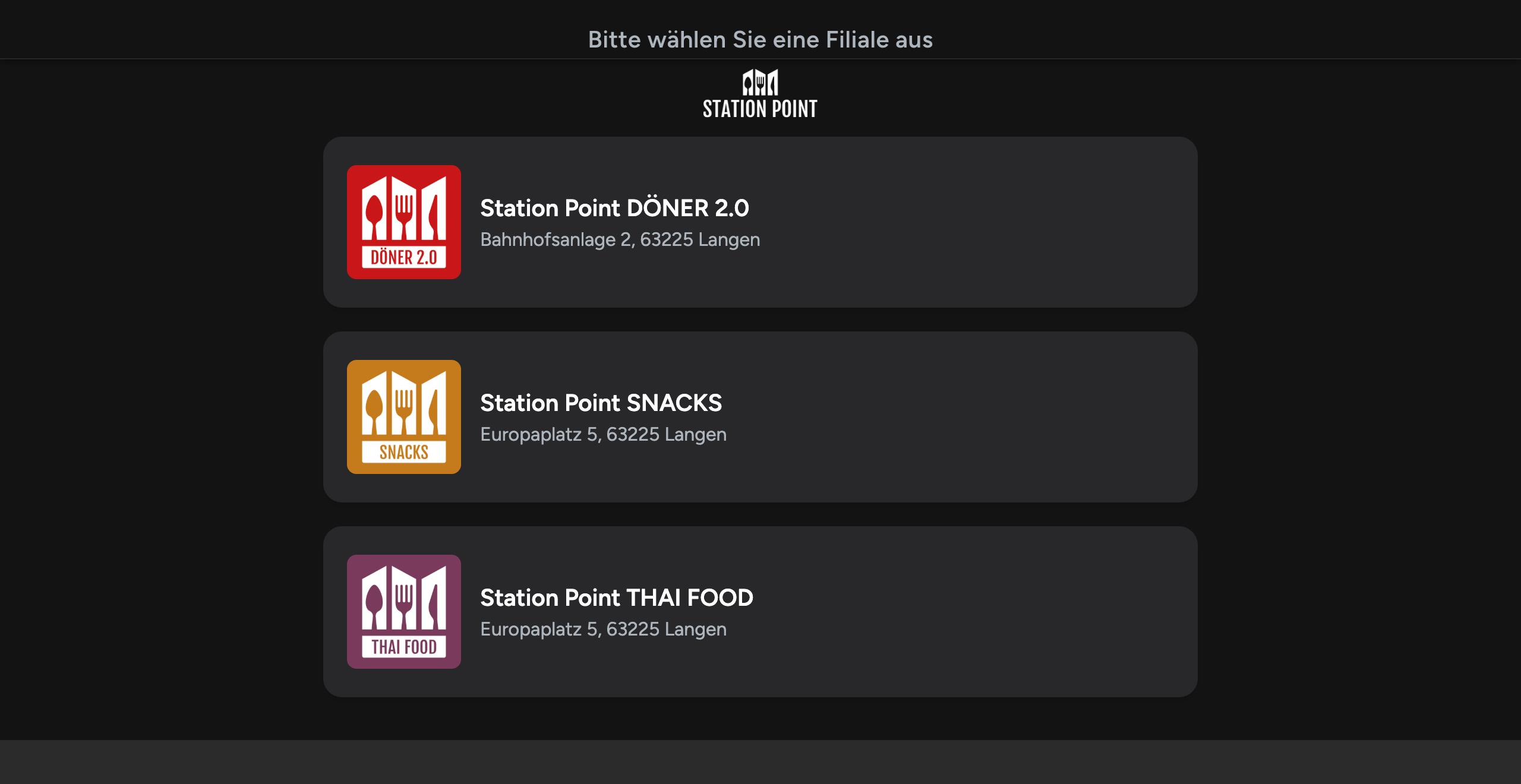 Bestellportal von Station Point mit den drei Filialen Döner 2.0, Snacks und Thai Food zur Auswahl